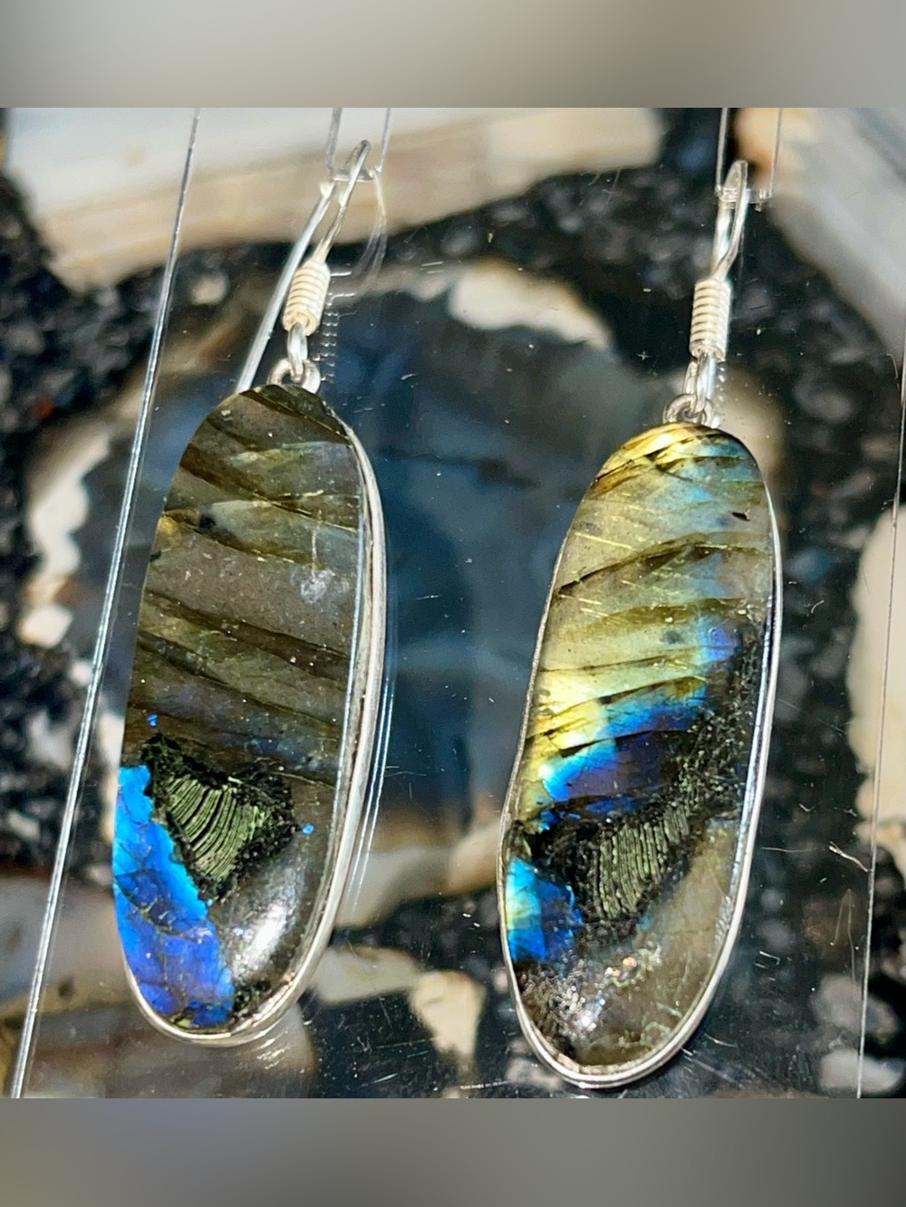 Lightweight Plagioclase Labradorite Crystal Earrings 2 1/4”